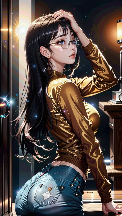 from side, masterpiece, best quality, 1girl, glasses, black hair, bangs, blunt bangs, twin drills, <lora:betterCuteAsian03:0.7>, jeans, loose pants , red shirt, standing, golden hour, warm glow, bokeh, shallow depth of field, background blur, double exposure, award-winning photograph