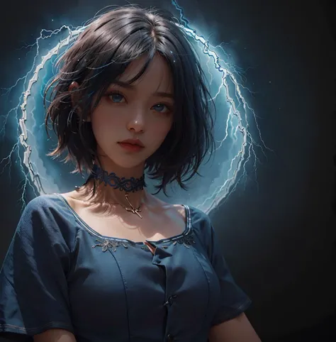 black hair, dark background, short hair, looking at viewer, ((realistic blue lightning)), blue light, stockings, choker, dramatic lighting, intricate dress
<lora:betterCuteAsian03:0.2>
