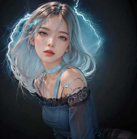 black hair, dark background, long hair, looking at viewer, ((realistic blue lightning)), blue light, stockings, choker, dramatic lighting, intricate dress
<lora:betterCuteAsian03:0.2>