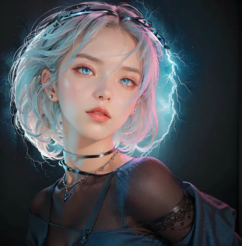 (photo-realistic:1.3)
black hair, dark background, short hair, looking at viewer, ((realistic blue lightning)), blue light, stockings, choker, dramatic lighting, intricate dress
<lora:betterCuteAsian03:0.2>
