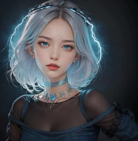 black hair, dark background, looking at viewer, (realistic blue lightning), blue light, stockings, choker, dramatic lighting, intricate dress
<lora:betterCuteAsian03:0.2>