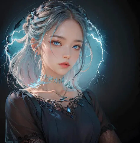 black hair, dark background, looking at viewer, (realistic blue lightning), blue light, stockings, choker, dramatic lighting, intricate dress
<lora:betterCuteAsian03:0.2>