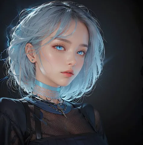 black hair, dark background, looking at viewer, (realistic blue lightning), blue light, stockings, choker, dramatic lighting, intricate dress
<lora:betterCuteAsian03:0.2>