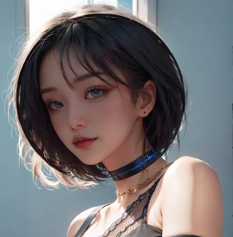 ((Top Quality, 8k, Masterpiece: 1.3)), 1 Girl, Beauty with Slender Abs: 1.3, (Medium Short Hair, Big: 1.2), Cardigan: 1.1, Ultra Detailed Face, Detailed Eyes, Double Eyelids, Best Quality, White Skin, Real Human Skin, (Detailed), Oval Face, Pore, Ultra High Definition, (8k, RAW Photography, Photorealistic: 1.4), 1 Woman, Slim, (who sees with gentle and goddess-like eyes) Happiness: 1.2), (lip gloss, eyelashes, clear double, crystal clear eyes, gloss face, highest quality, ultra high resolution, wide lighting, natural shading), big eyes, round eyes, random outfits, oversized jackets, fashion shirts, white background, light background, large breasts, gloss on chest, gloss on face, gloss on skin, Glossy skin, Glossy skin, Fresh breeze, Straight hair, Short bob hair, Bangs, Long neck, Choker, Smile, Smile