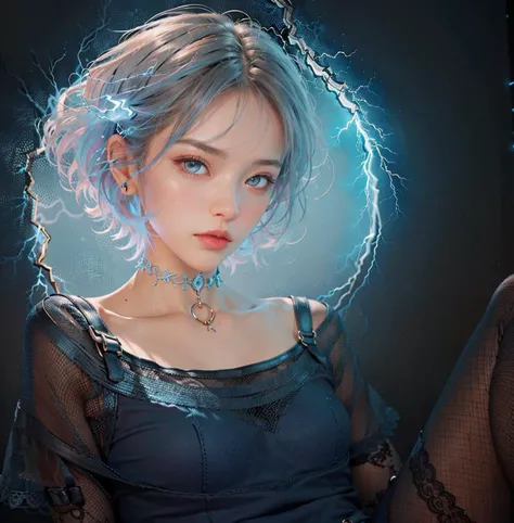 (photo-realistic:1.3)
black hair, dark background, short hair, looking at viewer, ((realistic blue lightning)), blue light, stockings, choker, dramatic lighting, intricate dress
<lora:betterCuteAsian03:0.2>