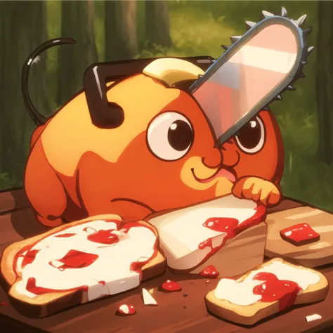 <lora:Pochita-10:1.0>, pochita, chainsaw, no humans, animal, dog, happy, tongue, eating, jam, bread, toast. eating,