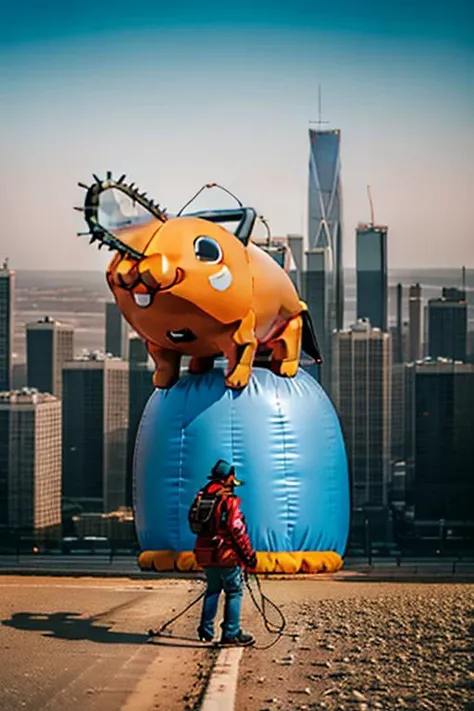 inflatable dog, inflatable, city skyline, pochita, chainsaw, no humans ,<lora:Pochita:1> ,<lora:TowerGirl-v1:0.8>