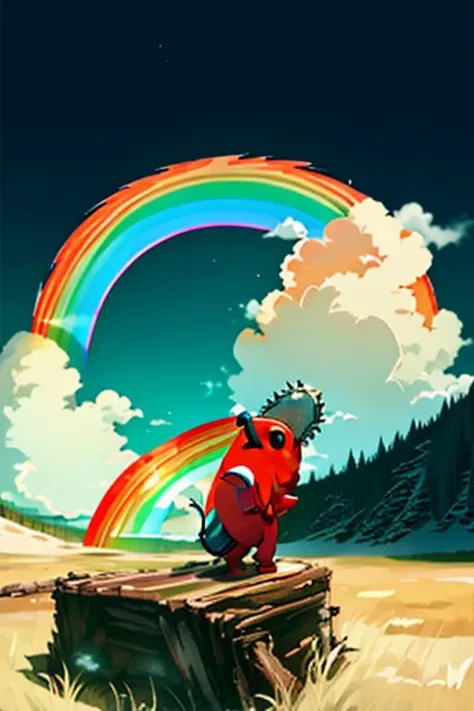 rainbow, pochita, chainsaw, no humans ,<lora:Pochita:1> ,<lora:Fantasy-Magic-V1:1>