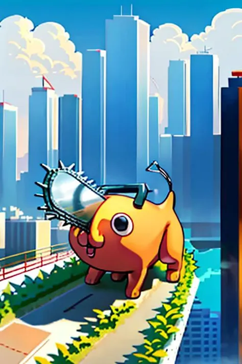 inflatable dog, inflatable, city skyline, pochita, chainsaw, no humans ,<lora:Pochita:1> ,<lora:TowerGirl-v1:0.8>