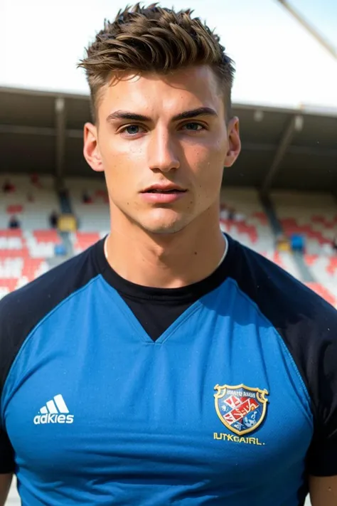 ((masterpiece)), ((best quality:1.2)), High Resolution, 8k, (ultra_realistic:1.3), (photorealistic:1.4), (instagram model, handsome:1.2), sharp focus, a close up shot of (tedpullinkm), model pose, wearing rugby jersey, playing rugby inside a stadium full of people spectating the game, sweaty, <lora:TedPullinKM:0.8>