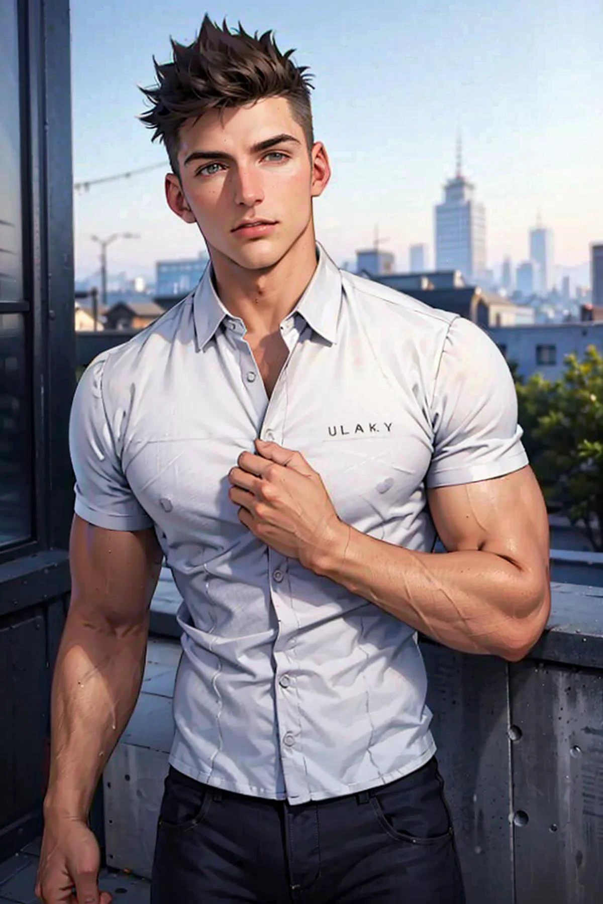 ((masterpiece)), ((best quality:1.2)), High Resolution, 8k, (ultra_realistic:1.3), (photorealistic:1.4), (instagram model), sharp focus, a professional shot of (tedpullinkm), <lora:TedPullinKM:0.8>, wearing a shirt with a text blakely on it, male focus, solo, 1boy, urban city background, realistic, outdoors, looking at viewer, view from the front, dynamic pose, day