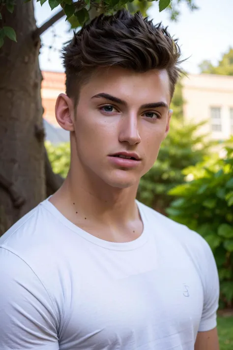 ((masterpiece)), ((best quality:1.2)), High Resolution, 8k, (ultra_realistic:1.3), (photorealistic:1.4), (instagram model, handsome:1.2), sharp focus, a close up shot of (tedpullinkm), model pose, wearing white t shirt, posing for the camera, inside a park, trees and flowers everywhere, ((looking at viewer)), <lora:TedPullinKM:0.8>