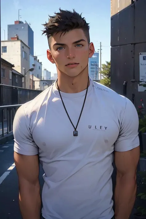 absurdities, high resolutions, ultra detailed, photo realistic, ), boy 17 years old, solo, tall, muscular, , broad shoulders, handsome, short hair, black hair, brown eyes, angular jaw, thick neck, thick eyebrows, stands in fitness club, t-shirt, upper body

