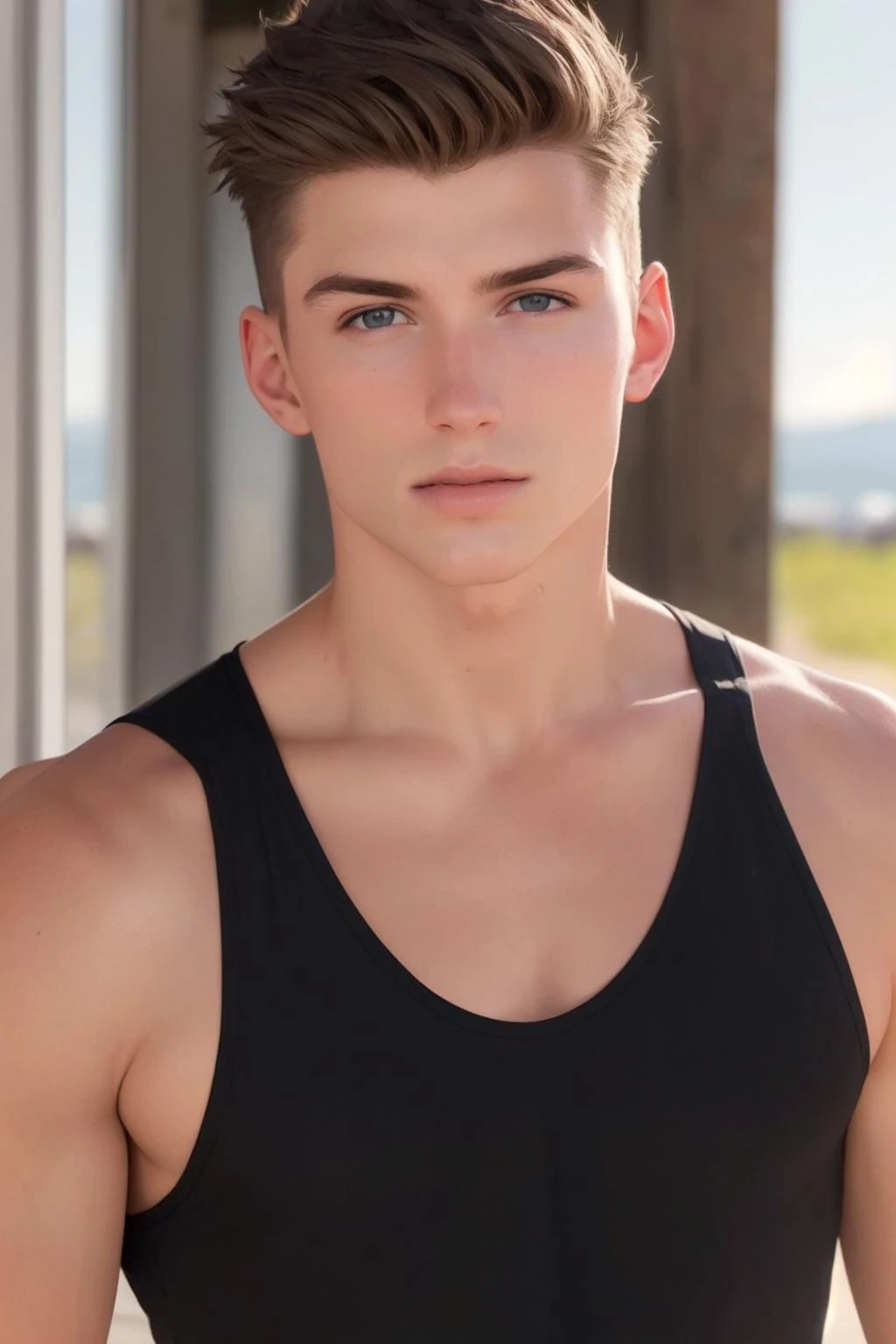 ((masterpiece)), ((best quality:1.2)), High Resolution, 8k, (ultra_realistic:1.3), (photorealistic:1.4), (instagram model), sharp focus, a professional shot of (tedpullinbp), <lora:tedpullinbp:0.65>, wearing tank top, male focus, solo, 1boy, water, realistic, outdoors, looking at viewer, view from the front, dynamic pose, day