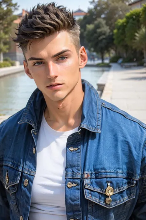 ((masterpiece)), ((best quality:1.2)), High Resolution, 8k, (ultra_realistic:1.3), (photorealistic:1.4), (instagram model, handsome:1.2), sharp focus, a close up shot of (tedpullinkm), model pose, wearing denim jacket, posing for the camera, near the lagoon, ((looking at viewer)), <lora:TedPullinKM:0.8>