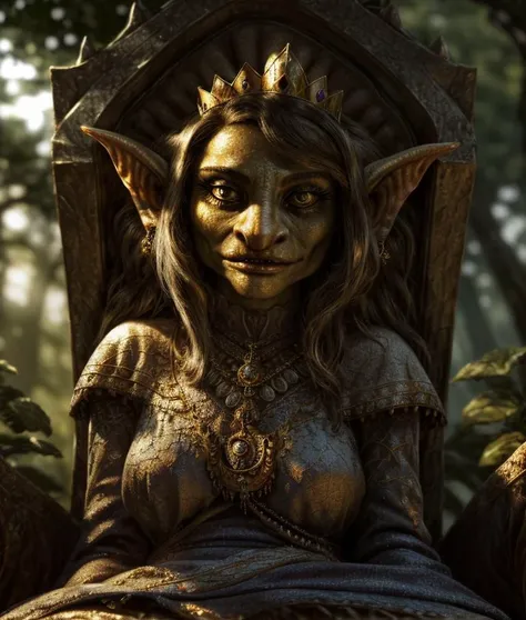 Queen of the Goblins, Her majestic presence fills the frame as she sits upon her throne, her gaze unwavering and commanding. Every intricate detail of her regal attire, from the delicate embroidery of her gown to the shimmering jewels adorning her crown, is rendered with astonishing realism. The soft glow of enchanted lanterns casts warm highlights and deep shadows, creating a sense of depth and atmosphere in the scene. The forest backdrop is depicted with breathtaking realism, each leaf and blade of grass rendered with meticulous attention to detail. Sunlight filters through the canopy above, dappling the forest floor with golden rays and adding to the immersive nature of the image. The camera, equipped with a 70mm lens, captures the queen in a close-up shot, allowing the viewer to appreciate every subtle expression and nuance of her royal demeanor. With its lifelike detail and masterful use of lighting, this photorealistic depiction transports the viewer into the heart of the enchanted forest, where the Queen of the Goblins reigns supreme.
((Type of Image: Photorealistic))
((Art Styles: Realism))
((Art Inspirations: None specified))
((Camera: Close-up shot, 70mm lens))
((Render Related Information: Lifelike detail, masterful lighting))
<lora:g0blin - Goblin Concept:0.8> g0blin