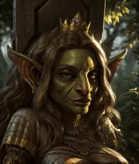 Queen of the Goblins, Her majestic presence fills the frame as she sits upon her throne, her gaze unwavering and commanding. Every intricate detail of her regal attire, from the delicate embroidery of her gown to the shimmering jewels adorning her crown, is rendered with astonishing realism. The soft glow of enchanted lanterns casts warm highlights and deep shadows, creating a sense of depth and atmosphere in the scene. The forest backdrop is depicted with breathtaking realism, each leaf and blade of grass rendered with meticulous attention to detail. Sunlight filters through the canopy above, dappling the forest floor with golden rays and adding to the immersive nature of the image. The camera, equipped with a 70mm lens, captures the queen in a close-up shot, allowing the viewer to appreciate every subtle expression and nuance of her royal demeanor. With its lifelike detail and masterful use of lighting, this photorealistic depiction transports the viewer into the heart of the enchanted forest, where the Queen of the Goblins reigns supreme.
((Type of Image: Photorealistic))
((Art Styles: Realism))
((Art Inspirations: None specified))
((Camera: Close-up shot, 70mm lens))
((Render Related Information: Lifelike detail, masterful lighting))
<lora:g0blin - Goblin Concept:0.8> g0blin