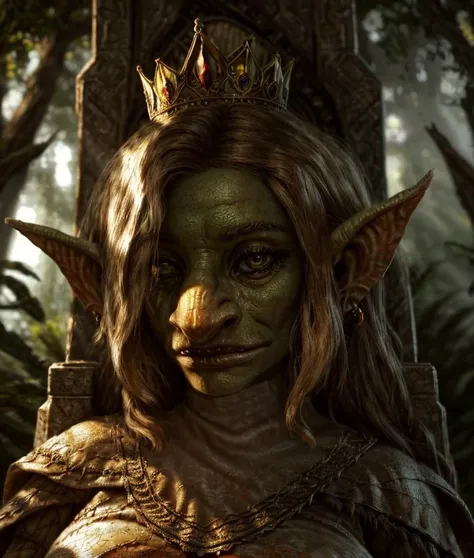 Queen of the Goblins, Her majestic presence fills the frame as she sits upon her throne, her gaze unwavering and commanding. Every intricate detail of her regal attire, from the delicate embroidery of her gown to the shimmering jewels adorning her crown, is rendered with astonishing realism. The soft glow of enchanted lanterns casts warm highlights and deep shadows, creating a sense of depth and atmosphere in the scene. The forest backdrop is depicted with breathtaking realism, each leaf and blade of grass rendered with meticulous attention to detail. Sunlight filters through the canopy above, dappling the forest floor with golden rays and adding to the immersive nature of the image. The camera, equipped with a 70mm lens, captures the queen in a close-up shot, allowing the viewer to appreciate every subtle expression and nuance of her royal demeanor. With its lifelike detail and masterful use of lighting, this photorealistic depiction transports the viewer into the heart of the enchanted forest, where the Queen of the Goblins reigns supreme.
((Type of Image: Photorealistic))
((Art Styles: Realism))
((Art Inspirations: None specified))
((Camera: Close-up shot, 70mm lens))
((Render Related Information: Lifelike detail, masterful lighting))
<lora:g0blin - Goblin Concept:0.8> g0blin