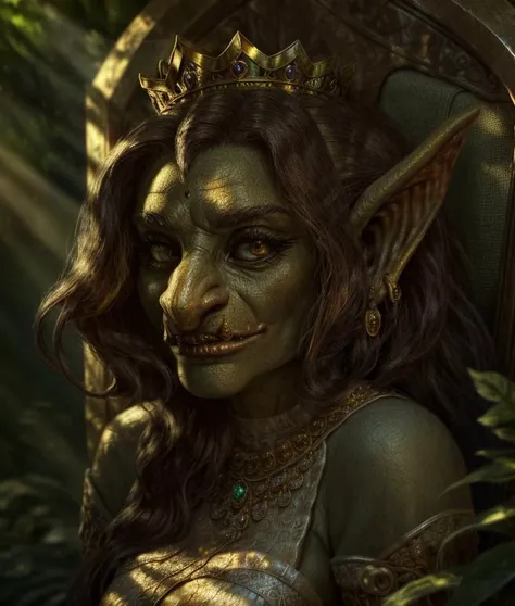 Queen of the Goblins, Her majestic presence fills the frame as she sits upon her throne, her gaze unwavering and commanding. Every intricate detail of her regal attire, from the delicate embroidery of her gown to the shimmering jewels adorning her crown, is rendered with astonishing realism. The soft glow of enchanted lanterns casts warm highlights and deep shadows, creating a sense of depth and atmosphere in the scene. The forest backdrop is depicted with breathtaking realism, each leaf and blade of grass rendered with meticulous attention to detail. Sunlight filters through the canopy above, dappling the forest floor with golden rays and adding to the immersive nature of the image. The camera, equipped with a 70mm lens, captures the queen in a close-up shot, allowing the viewer to appreciate every subtle expression and nuance of her royal demeanor. With its lifelike detail and masterful use of lighting, this photorealistic depiction transports the viewer into the heart of the enchanted forest, where the Queen of the Goblins reigns supreme.
((Type of Image: Photorealistic))
((Art Styles: Realism))
((Art Inspirations: None specified))
((Camera: Close-up shot, 70mm lens))
((Render Related Information: Lifelike detail, masterful lighting))
<lora:g0blin - Goblin Concept:0.8> g0blin