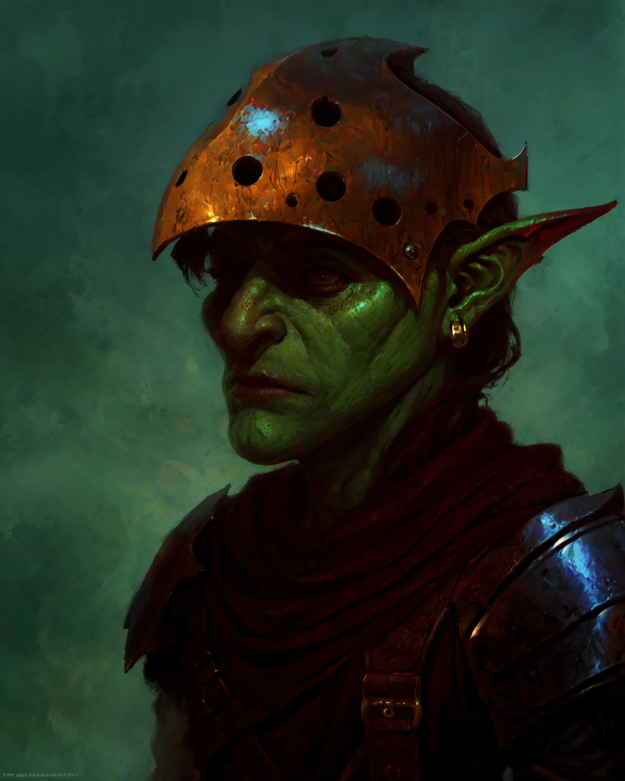 <lora:tezy8 - Tezy8 Style:0.4>, <lora:alch - Alex Chow Style:0.3>, <lora:Calm Art Style:0.5>, <lora:g0blin - Goblin Concept:0.8>, g0blin, goblin, upper body, pointy ears, colored skin, helmet, armor, 1boy, long nose,
