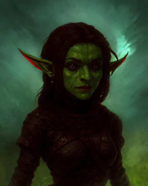 ch3rryg1g,  portrait of goblin, green skin, tusks, fangs,balck hair,  in a dark wet cave,  bioluminescent light god rays, <lora:sxz-cherry-gig-new:0.7>,