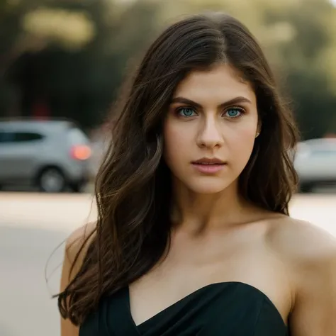 Realistic photo of a beautiful 4l3x4ndr4d-v2 woman,1girl, solo, long hair, looking at viewer, blue eyes, simple background, brown hair, dress, bare shoulders, upper body, grey background, black dress, lips, realistic, nose, soft lighting, professional Photography, Photorealistic, detailed, RAW, analog, sharp focus, 8k, HD, DSLR, high quality, Fujifilm XT3, film grain, award winning, masterpiece<lora:4l3x4ndr4d-v2:1.0>