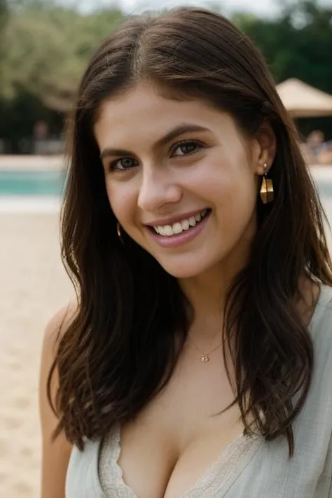 Realistic photo of a beautiful 4l3x4ndr4d-v2 woman, 1girl, solo, long hair, breasts, smile, brown hair, cleavage, bare shoulders, jewelry, earrings, food, teeth, grin, blurry, lips, plate, realistic, soft lighting, professional Photography, Photorealistic, detailed, RAW, analog, sharp focus, 8k, HD, DSLR, high quality, Fujifilm XT3, film grain, award winning, masterpiece<lora:4l3x4ndr4d-v2:1.0>
