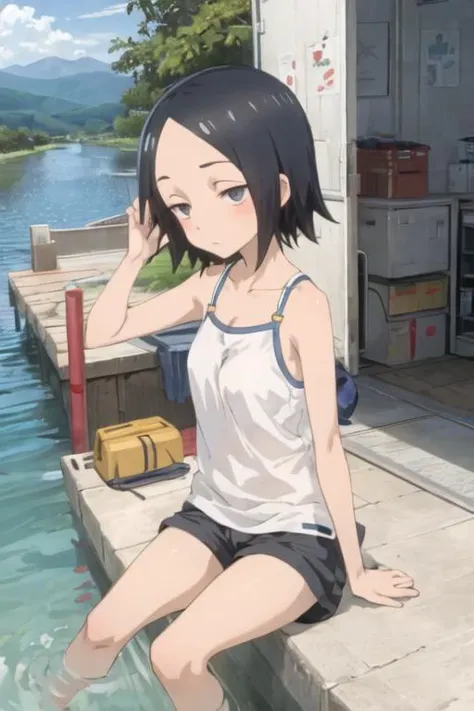 1girl, sanae_tsukimoto, black hair, short hair, black eyes, forehead, short pants, camisole,frown,mountain, river  <lora:sanae_tsukimoto:1>