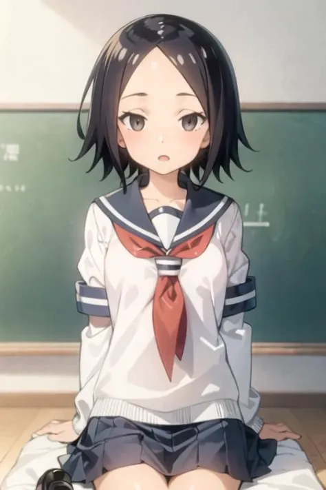 1girl, sanae_tsukimoto, black hair, short hair, black eyes, forehead, school uniform, sailor collar, serafuku,city  <lora:sanae_tsukimoto:0.7>