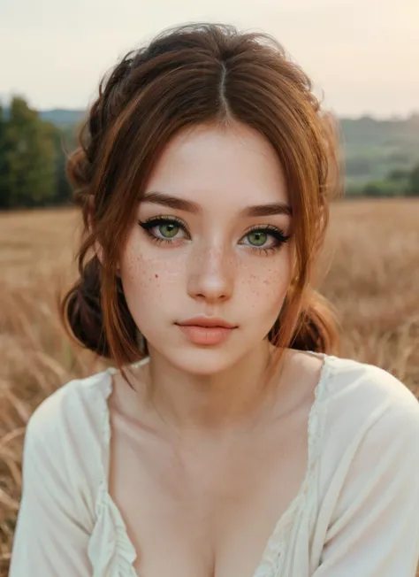 a Realistic portrait photo of a dik-sage woman, bright green eyes, pale skin, freckles, (eyeliner), ginger hair, ponytail hairstyle, wearing sundress, sunset background, realistic, soft lighting, professional Photography, Photorealistic, detailed, blurred background, RAW, analog, sharp focus, 8k, HD, DSLR, high quality, Fujifilm XT3, film grain, award winning, masterpiece, <lora:dik-sage:0.55>, <lora:detailed_eye:0.8>