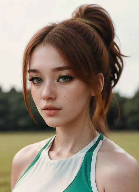 a Realistic portrait photo of a dik-sage woman, bright green eyes, pale skin, freckles, (eyeliner), ginger hair, ponytail hairstyle, wearing sport outfit, sportground background, realistic, soft lighting, professional Photography, Photorealistic, detailed, blurred background, RAW, analog, sharp focus, 8k, HD, DSLR, high quality, Fujifilm XT3, film grain, award winning, masterpiece, <lora:dik-sage:0.55>, <lora:detailed_eye:0.8>