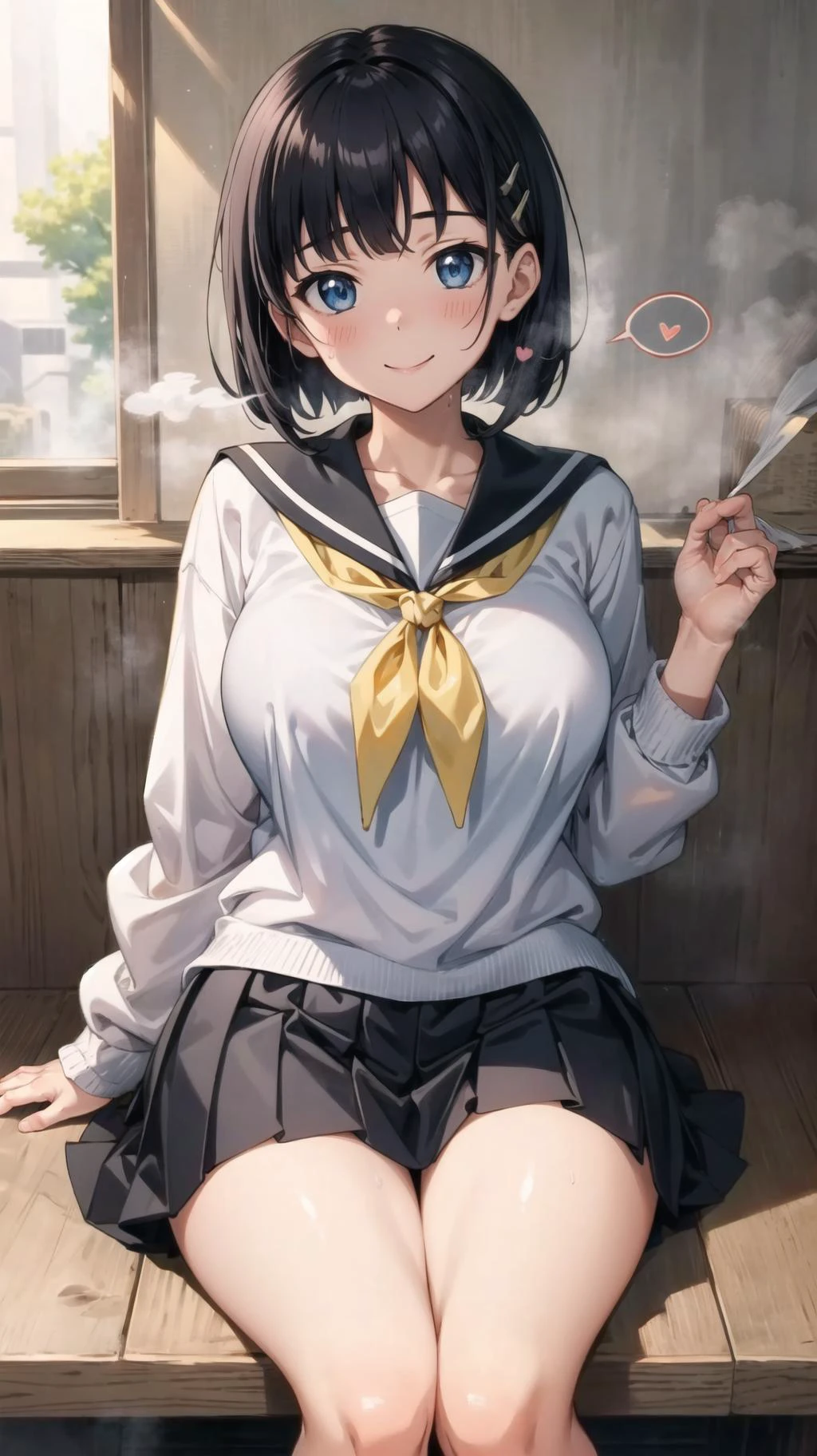 masterpiece, best quality, highres, BREAK, BREAK,
(spoken hearts:1.2),(sweat:0.9),(deep breathe:1.2),(steam:1.2)
, BREAK
,happy ending smile,mediaeval october festivals midnight, , ancient, reverse shot, thinking,, knees,
<lora:kirigaya_suguha_v1:0.7>, aasugu, short hair, hairclip, large breasts,
grey sweater, black sailor collar, yellow neckerchief, black skirt,