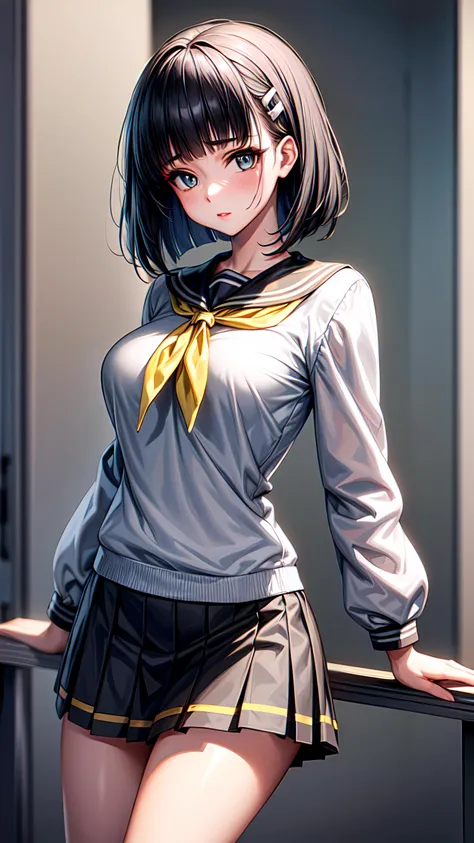1girl, solo, detailed skin, ultra realistic 8k cg, picture-perfect face, flawless, clean, masterpiece, professional artwork, famous artwork, cinematic lighting, cinematic bloom, ((beautiful eyes)), intricate iris, (((perfect hands))), (extremely detailed background), ((dynamic background)), beautiful detailed girl, beautiful detailed nose, light on face, looking at viewer,<lora:GoodHands-beta2:1>, <lora:more_details:0.6>, <lora:kirigaya_suguha_v1:0.7> , aasugu, short hair, hairclip, grey sweater, black sailor collar, yellow neckerchief, black skirt,
