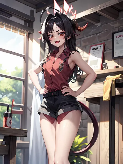 (extremely detailed CG), (best quality), perfect face, shiny skin, lustrous skin ,narrow waist, 1girl,solo, wide hips <lora:KasumiKinugawa-10:0.8> KasumiKinugawa, short shorts,fang,,demon tail, sandals, bangs, tail,red short, shorts, ahoge, horns, long hair,hair intakes, black hair,collared shirt, indoors, standing,hands on hips, smile,sleeveless, closed mouth