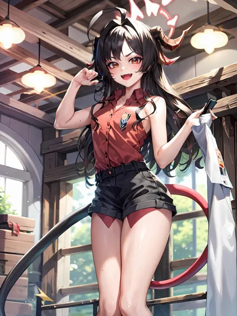 (extremely detailed CG), (best quality), perfect face, shiny skin, lustrous skin ,narrow waist, 1girl,solo, wide hips <lora:KasumiKinugawa-10:0.8> KasumiKinugawa, short shorts,fang,,demon tail, sandals, bangs, tail,red short, shorts, ahoge, horns, long hair,hair intakes, black hair,collared shirt, indoors, standing, paw pose, smile,sleeveless,
