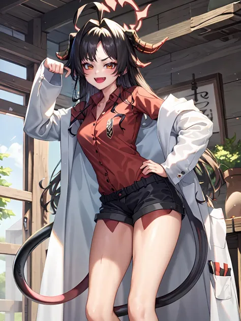 (extremely detailed CG), (best quality), perfect face, shiny skin, lustrous skin ,narrow waist, 1girl,solo, wide hips <lora:KasumiKinugawa-10:0.8> KasumiKinugawa, sleeves past wrist,short shorts,fang,labcoat,demon tail, sandals, bangs,long sleeves, tail, coat,red short, shorts, ahoge, horns, long hair,white coat,hair intakes, black hair,collared shirt, paw pose, closed mouth, playful grin