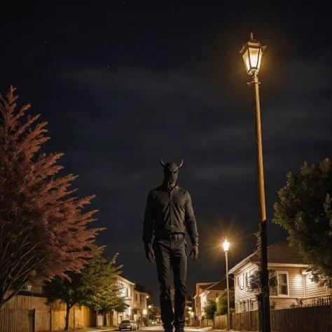 <lora:DART:1> dart, a demon standing on a suburban street at night, streetlight