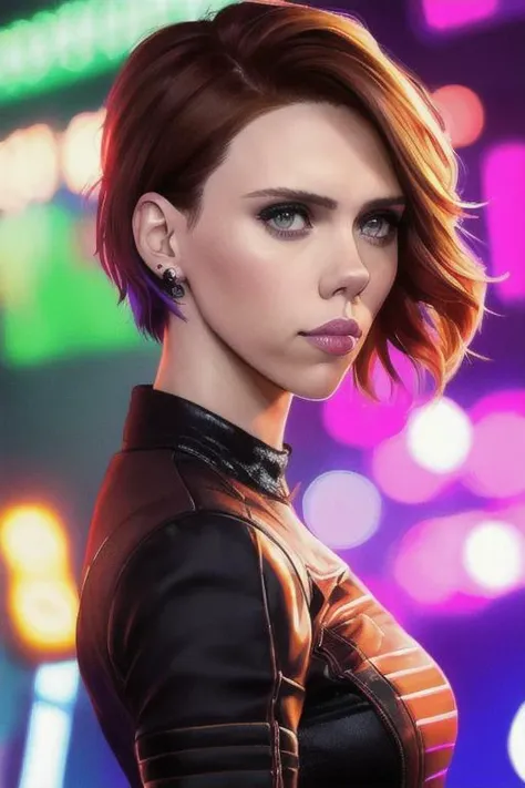 a photo of scarjo-subject with short brown hair surrounded by neon lights close up amazing highly