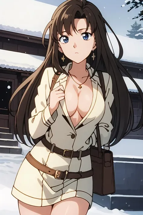 ((masterpiece)),((best quality)),ultra-detailed,illustratio,Explicit,Beautiful body,Beautiful Nose,Beautiful character design,perfect eyes,perfect face,wallpaper,ultra highres,
4K,photography,(Beautiful,normal breasts:1.5),(beautiful face:1.2),(beautiful legs, perfect legs),(meitantei conan \(style\), detecive conan \(style\), meitantei conan),
shiny skin,anime screencap,official style,Kosaka Natsumi,1girl, jewelry, brown hair, earrings, blue eyes, necklace, long hair, black background, solo focus, solo, bag, anime coloring, belt, retro artstyle, dress, handbag, closed mouth, breasts, long sleeves, coat,<lora:Kasaka Natsumi:0.7>,outdoor,snowing,snowfield,