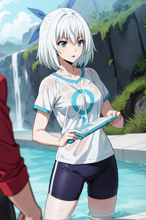 masterpiece, best quality, absurdres, 1girl, Sayaka <lora:Sayaka:0.7>, white hair, short hair, blue eyes, blue ribbon, t-shirt, bike shorts
BREAK  nice hands, perfect hands, <lora:GoodHands-beta2:0.8>, beaufitul hand, beautiful finger, outdoors, wet, water, sharp focus, (perfect anatomy), cowboy shot, [Cinematic lighting|Volumetric Lighting],