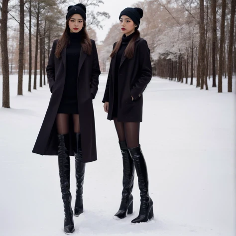 masterpiece,full body female portrait,high detailed skin,8k uhd,soft lighting,high quality,highly detailed,makeup,fundoshi,eyeshadow,long_eyelashes,key visual,vibrant,high heel thigh boots,. 35mm photograph,film,bokeh,highly detailed,2girls,professional,4k,full body pantyhose,tutututu,kendollegver,hime cut,red_lips_,blush,looking at another,black_pantyhose,tutututu,<lora:tutuJG:0.6>,hair ribbon,garden,snow,winter,<lora:kdlegver:0.5>,yuri,scarf,red hooded long coat,braided ponytail,frozen lake,ice,knit hat,