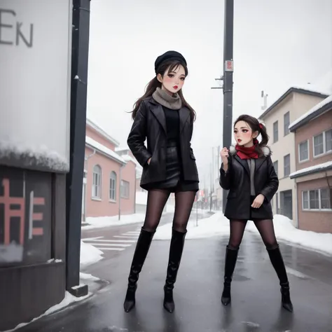 masterpiece,full body female portrait,high detailed skin,8k uhd,soft lighting,high quality,highly detailed,makeup,fundoshi,eyeshadow,long_eyelashes,key visual,vibrant,high heel thigh boots,. 35mm photograph,film,bokeh,highly detailed,2girls,professional,4k,full body pantyhose,tutututu,kendollegver,red_lips_,blush,looking at another,black_pantyhose,tutututu,<lora:tutuJG:0.6>,hair ribbon,snow,winter,<lora:kdlegver-000008:0.5>,yuri,scarf,fur-trimmed long coat,braided ponytail,wet street,knit hat,