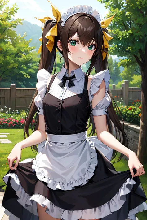 masterpiece, best quality, highres, aahuang, long hair, twintails, hair ribbon, small breasts, <lora:huang_lingyin_v1:0.7>, maid, maid headdress, garden, skirt hold,