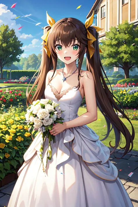 masterpiece, best quality, highres, aahuang, long hair, twintails, hair ribbon, small breasts, <lora:huang_lingyin_v1:0.7>,  wedding dress, cleavage, necklace, white dress, garden, standing, holding bouquet, open mouth, smile, confetti,