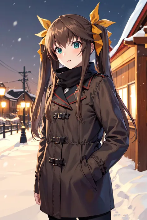 masterpiece, best quality, highres, aahuang, long hair, twintails, hair ribbon, small breasts, <lora:huang_lingyin_v1:0.7>, winter clothes, snow, outdoor