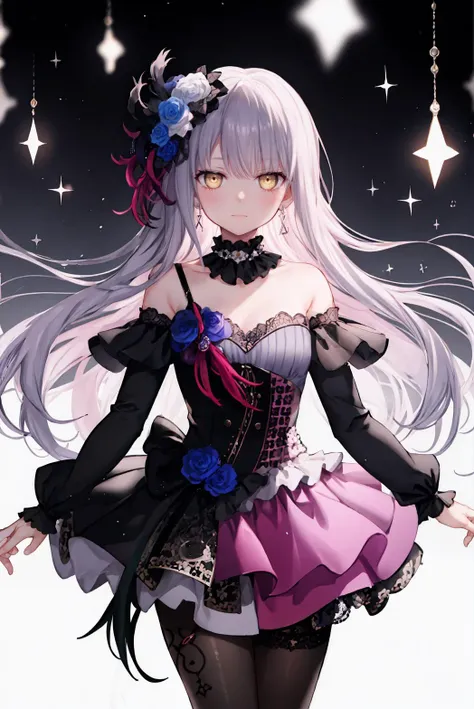 (masterpiece), (best quality), perfect composition, clean, 8K, , [1girl, cowboy shot], (minato_yukina_bangdream:1), long grey hair, swept bangs, bright yellow eyes, jewelry, hair_flower, gothic fashion, off shoulder dress, embroidery, pantyhose, serious, stoic, jitome, cinematic lighting, high contrast, geometric pattern, ray, [glare, radiance], trending on pixiv, neon inscription, runic, [obsidian, see-through, starry], dark theme
<lora:minato_yukina_bangdream:0.8> <lora:style_ASK_v2:0.5> <lora:EyeControl_Jitome_v2:0.6> <lora:garupa:0.3>