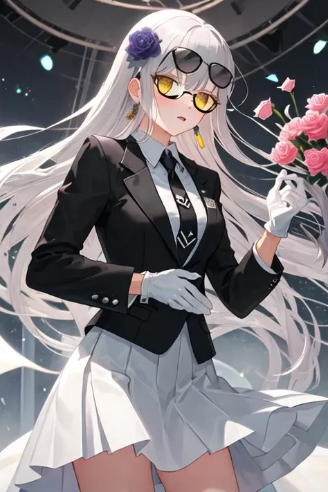 best quality, masterpiece, highres, solo, {black business suit:1.40}, {tie:1.20}, {sunglasses:1.25}, {white gloves:1.15}, {white shirt:1.10}, {black skirt:1.15}, {smoking:1.20}, handsome, {minato_yukina_bangdream:1.15}, long_hair, bangs, yellow_eyes, grey_hair, hair_ornament, flower, rose, jewelry, hair_flower