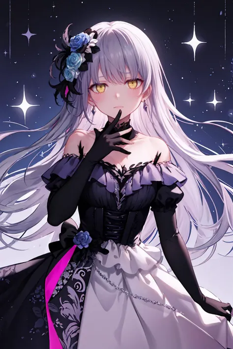 (masterpiece), (best quality), perfect composition, clean, 8K, , [1girl, cowboy shot], (minato_yukina_bangdream:1), long grey hair, swept bangs, bright yellow eyes, jewelry, hair_flower, gothic fashion, off shoulder dress, embroidery, serious, stoic, cinematic lighting, high contrast, geometric pattern, ray, [glare, radiance], trending on pixiv, neon inscription, runic, [obsidian, see-through, starry], dark theme
<lora:minato_yukina_bangdream:0.8> <lora:style_ASK_v2:0.5> <lora:worriedeyes_v100:0.25> <lora:garupa:0.3>