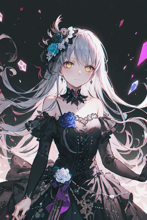 (masterpiece), (best quality), perfect composition, clean, 8K, , [1girl, cowboy shot], (minato_yukina_bangdream:1), long grey hair, swept bangs, bright yellow eyes, jewelry, hair_flower, gothic fashion, off shoulder dress, embroidery, serious, stoic, cinematic lighting, high contrast, geometric pattern, ray, [glare, radiance], trending on pixiv, neon inscription, runic, [obsidian, see-through, starry], dark theme
<lora:minato_yukina_bangdream:0.8> <lora:style_ASK_v2:0.5> <lora:garupa:0.3>