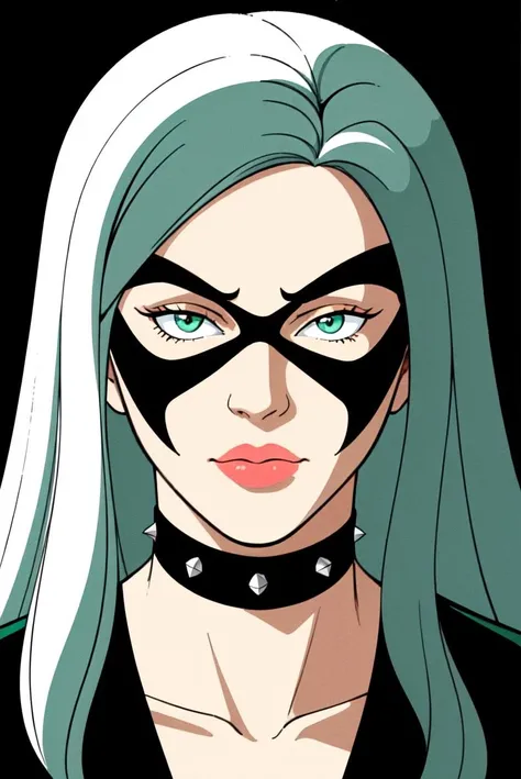 (dark shot:1.4), 80mm, blct, 1girl, solo, long hair, closed mouth, green eyes, grey hair, male focus, choker, collar, lips, makeup, mask, lipstick, portrait, spikes, retro artstyle, spiked collar, domino mask <lora:blct:0.55>, soft light, sharp, exposure blend, medium shot, bokeh, (hdr:1.4), high contrast, (cinematic, teal and orange:0.85), (muted colors, dim colors, soothing tones:1.3), low saturation, (hyperdetailed:1.2), (noir:0.4)
